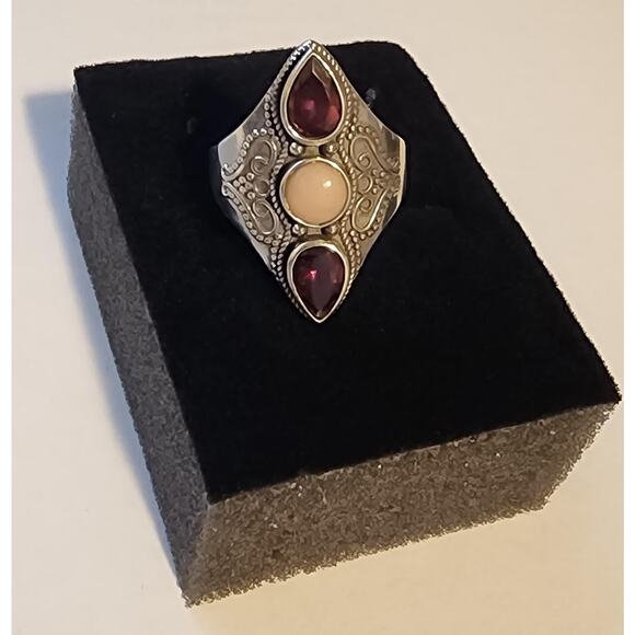 6mm Round Pink Opal with 1.75ctw Raspberry Rhodolite Sterling Silver Ring - Picture 3 of 5